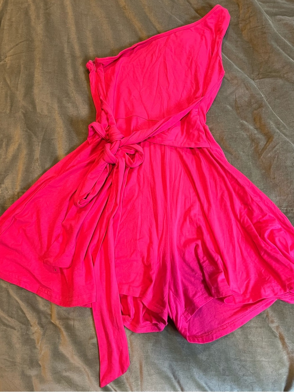 Hot pink wrap tie one shoulder Romper